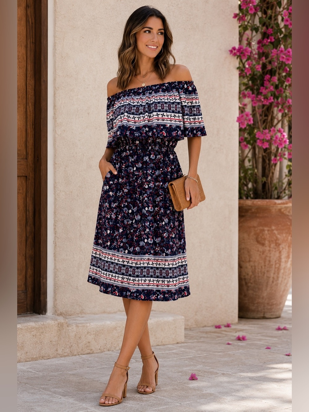 STYLE & CO Navy Floral Off Shoulder Dress Small NWT Boho Pockets